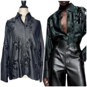 Zara | Women | Emerald Green Satin Floral Sequin LS Button Up Blouse | Small